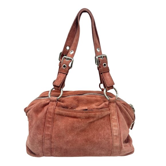 PRADA Vintage Logo Shoulder Bag Tote Red Brown Silver Handbag Suede Zip [105155] - Picture 6 of 13